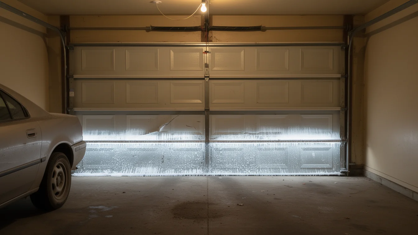 A white garage door is partially open with a car parked inside.