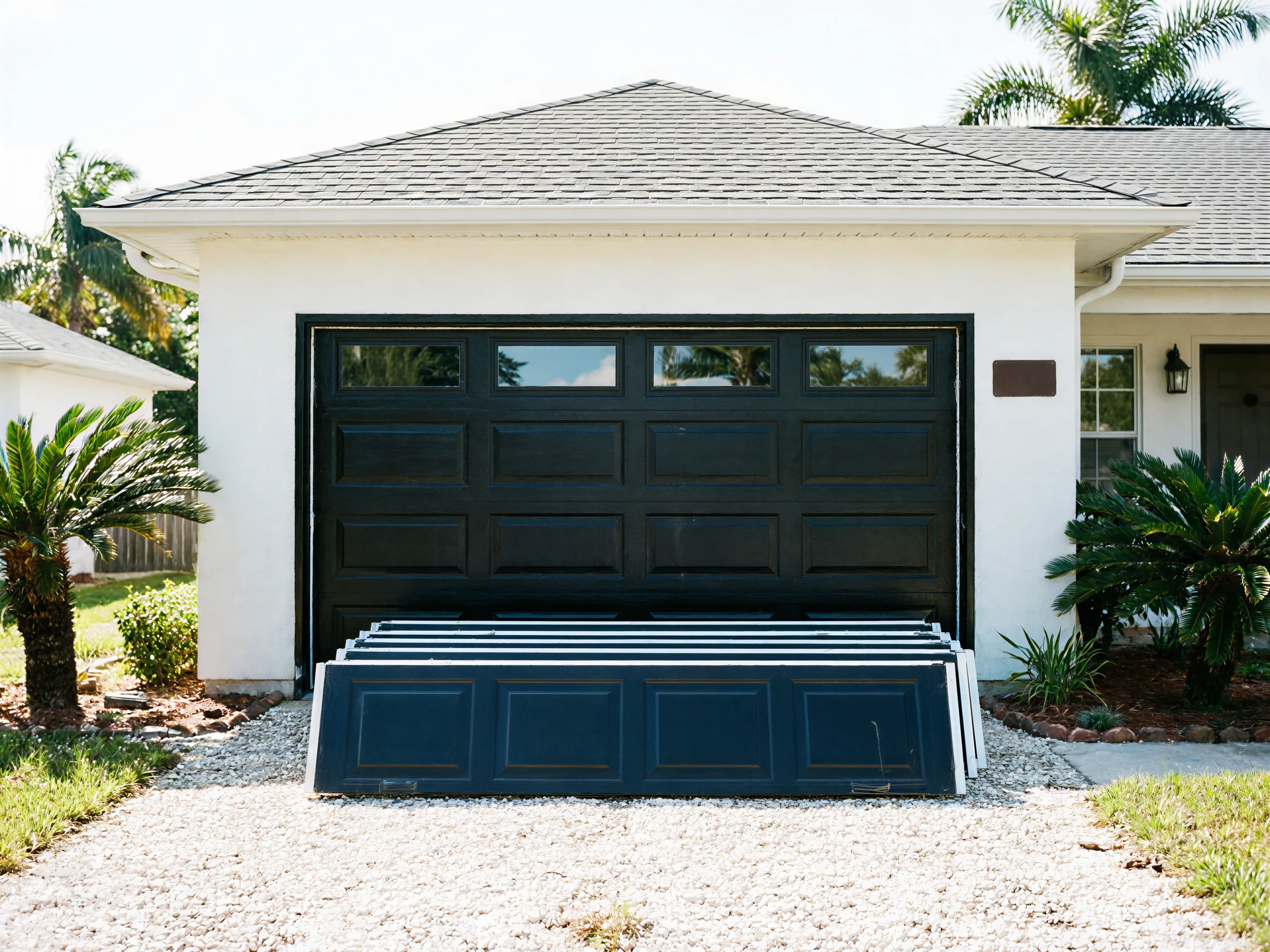 A black garage door with windows and stacked blue panels in front of it.