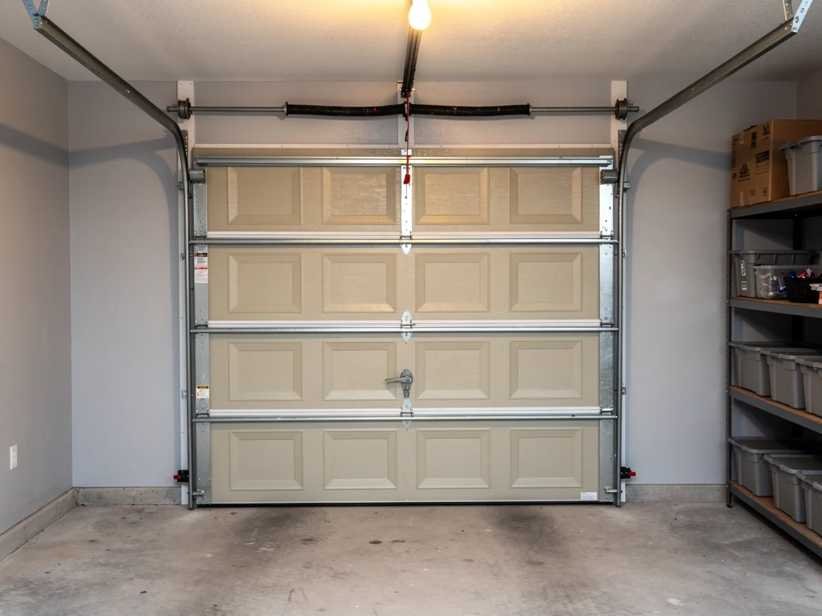 A beige garage door is closed inside a garage with a torsion spring.