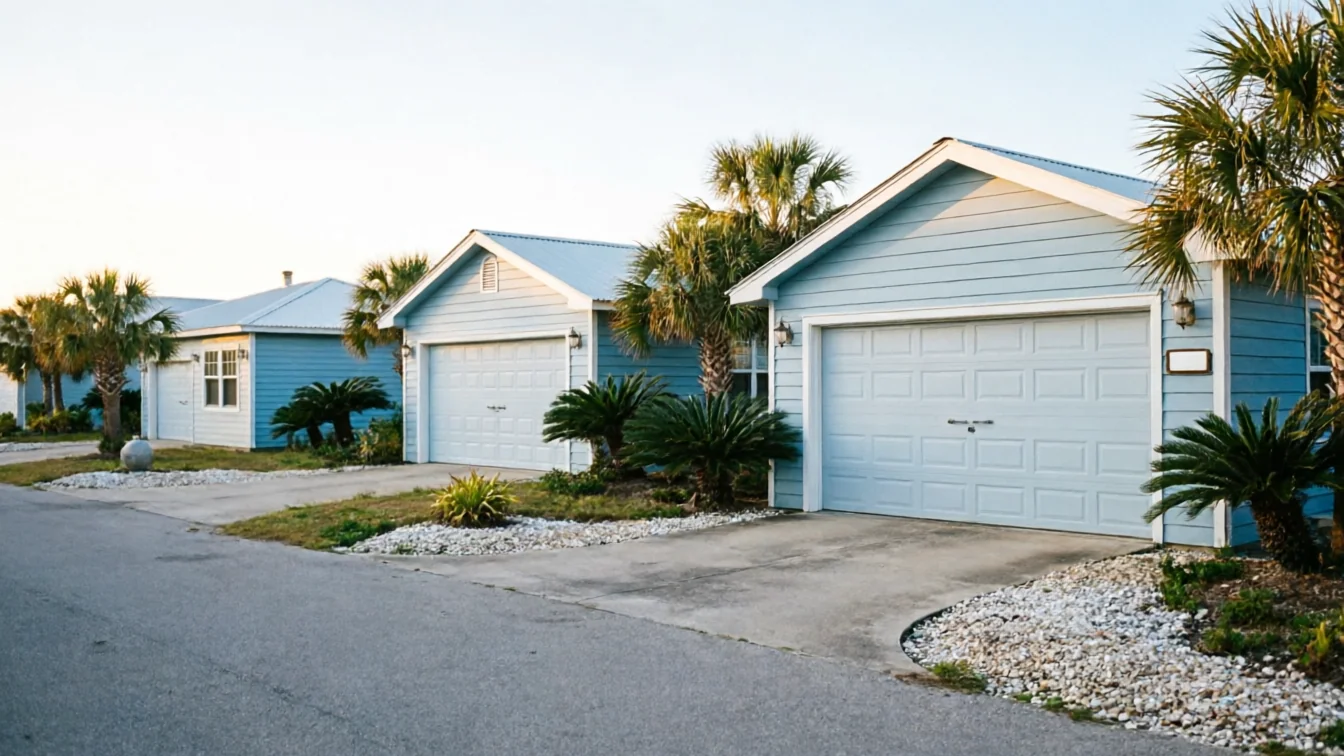 Three light blue houses with white garage doors line a street with palm trees.