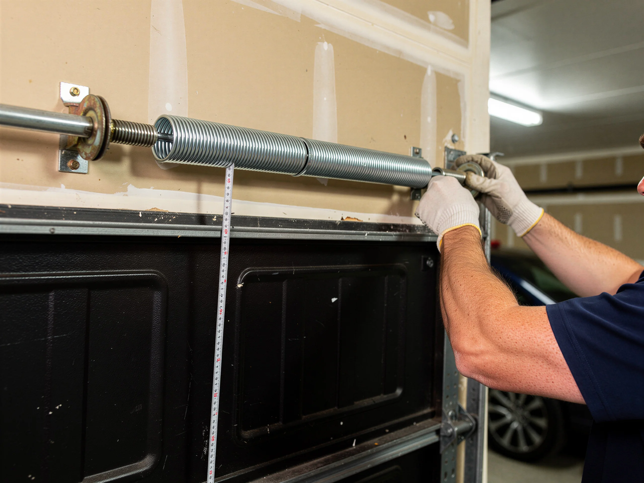 A technician adjusts a garage door torsion spring with a measuring tape.